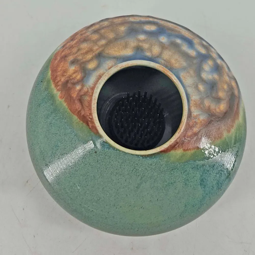 Ikebana Studio Art Pottery w Flower Frog Vase Bowl jade green Signed
